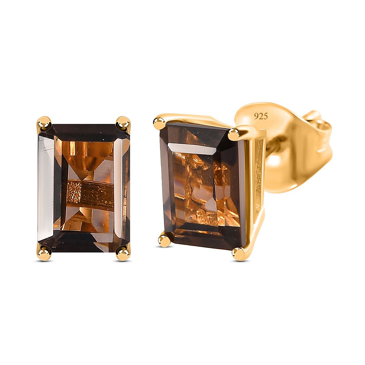 Smoky Quartz Stud Earrings With Push Back in 18K Vermeil Yellow Gold Plated Sterling Silver 1.83 Ct