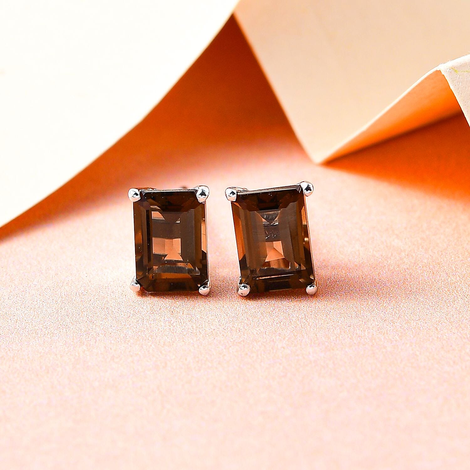 Smoky Quartz Stud Earrings with Push Back in Platinum Overlay Sterling Silver 1.84 Ct.