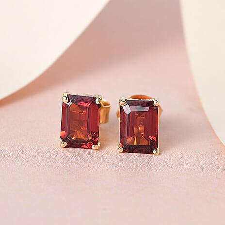 Red Garnet Stud Solitaire Earrings in 18K Vermeil Yellow Gold Plated Sterling Silver 2.40 Ct.