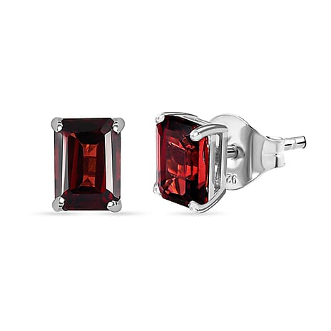 Red Garnet Solitaire Stud Earrings in Platinum Overlay Sterling Silver 2.40 Ct.