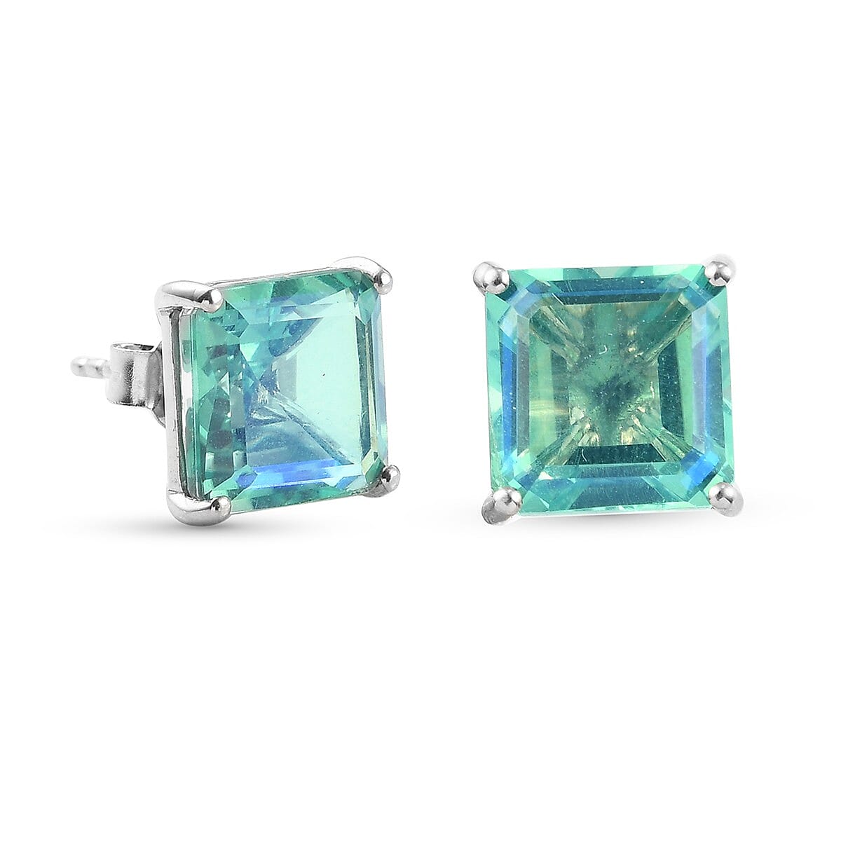 Peacock Quartz (Asscher 10x10mm) Stud Earrings (with Push Back) in Platinum Overlay Sterling Silver 9.670 Ct.