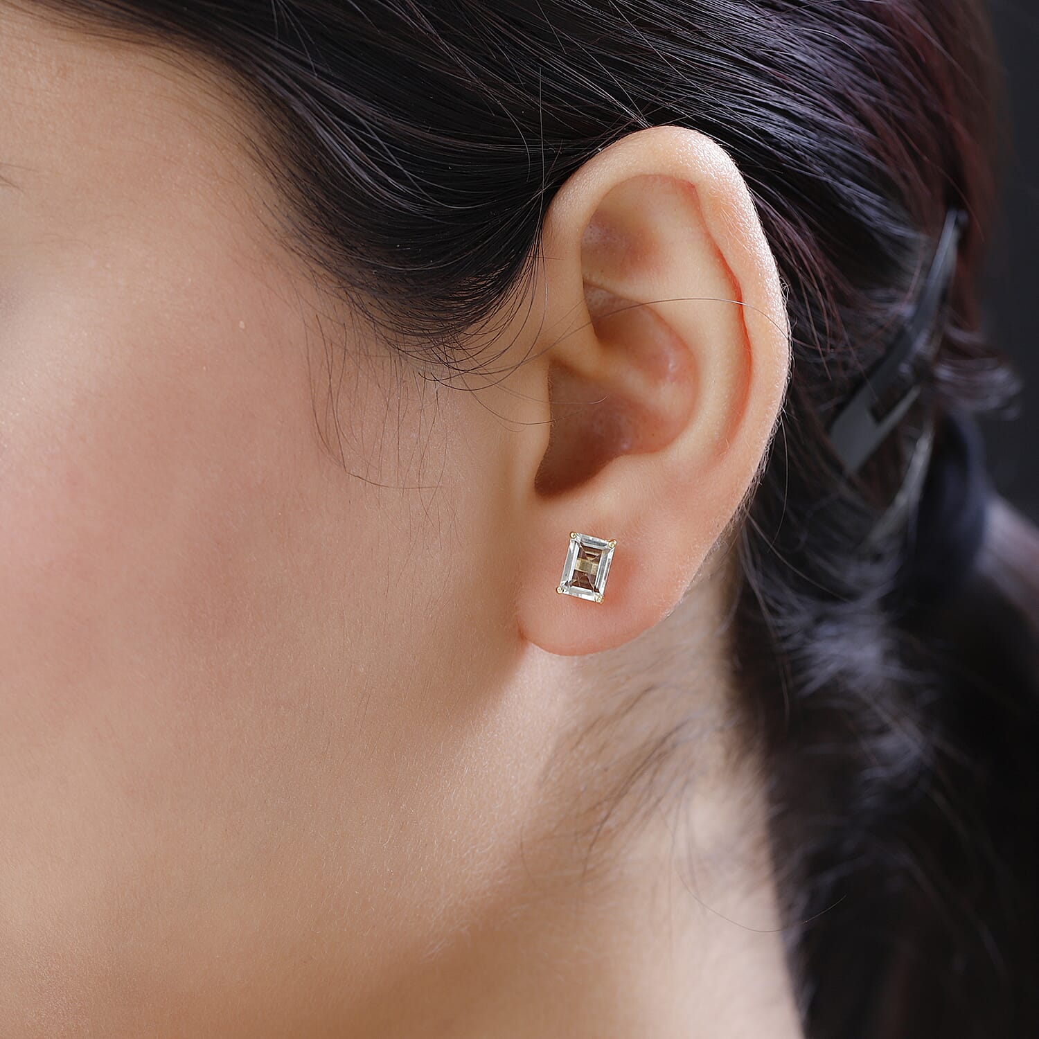 Prasiolite Stud Earrings with Push Back in 18K Vermeil Yellow Gold Plated Sterling Silver 1.95 Ct.