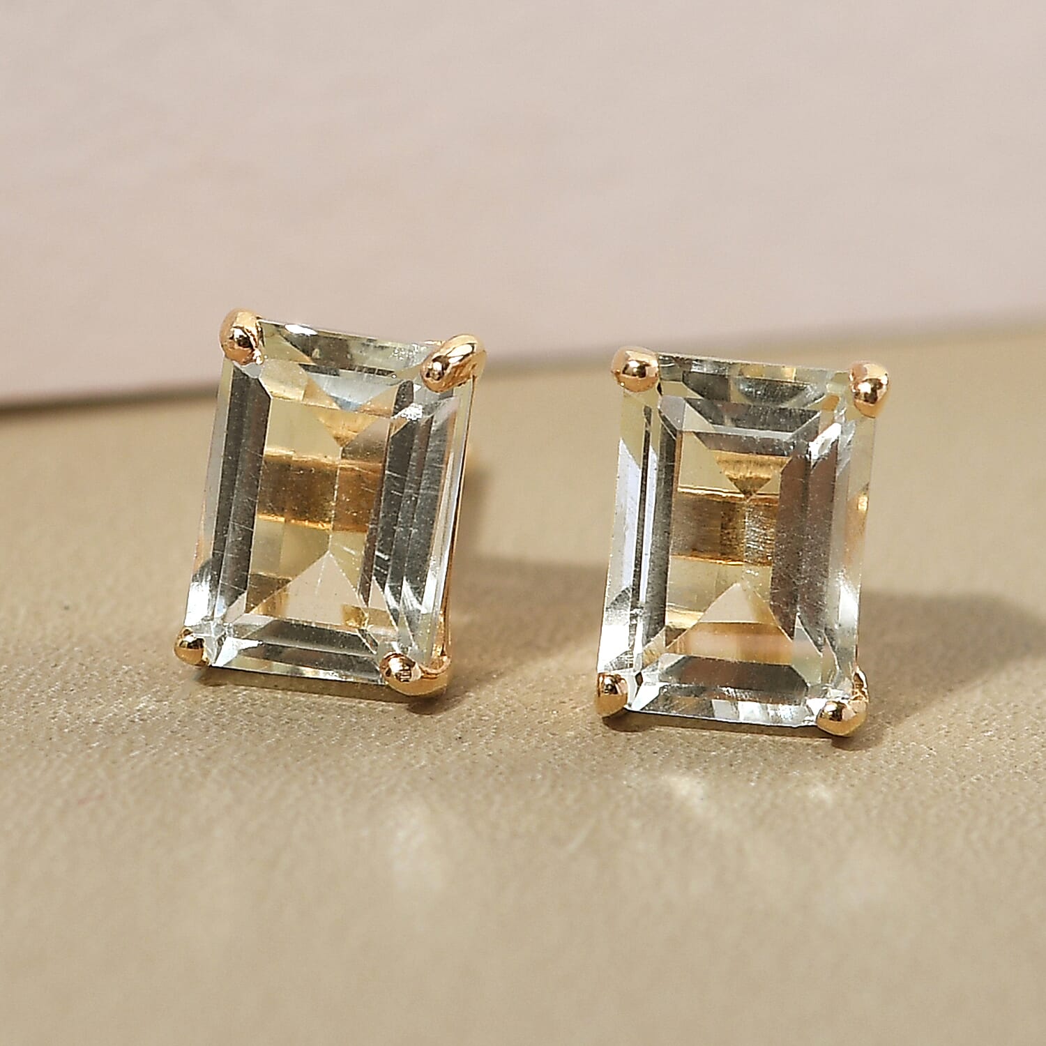 Prasiolite Stud Earrings with Push Back in 18K Vermeil Yellow Gold Plated Sterling Silver 1.95 Ct.
