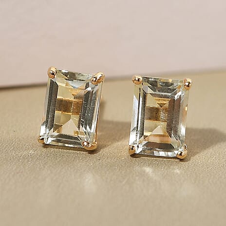 Prasiolite Stud Earrings with Push Back in 18K Vermeil Yellow Gold Plated Sterling Silver 1.95 Ct.