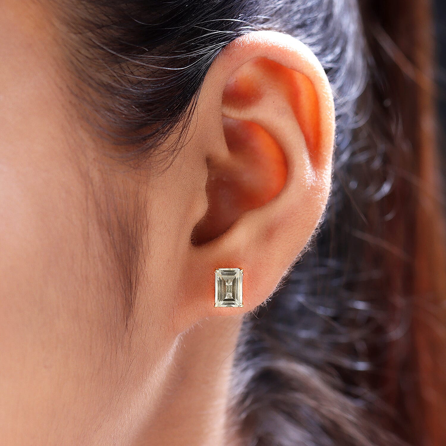 Prasiolite Stud Earrings with Push Back in 18K Vermeil Yellow Gold Plated Sterling Silver 1.95 Ct.