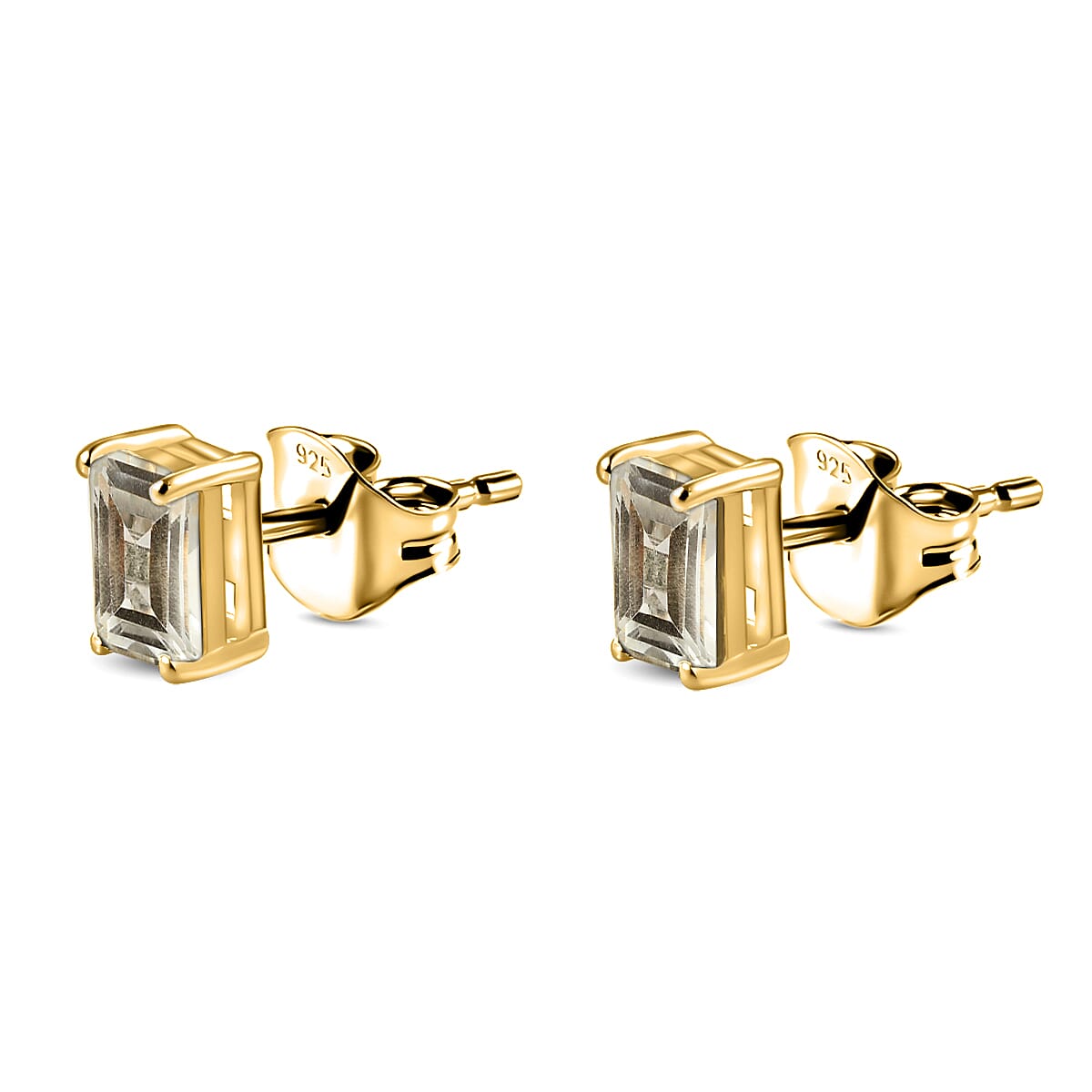 Prasiolite Stud Earrings with Push Back in 18K Vermeil Yellow Gold Plated Sterling Silver 1.95 Ct.