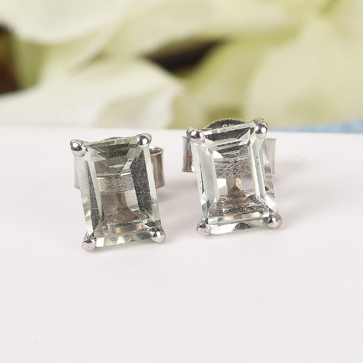 Prasiolite Stud Earrings with Push Back in Platinum Overlay Sterling Silver 1.95 Ct.