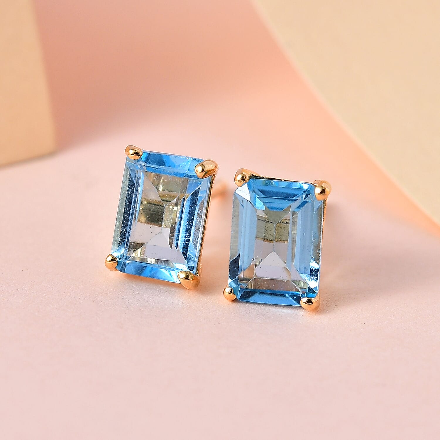 Blue Topaz Stud Solitaire Earrings in 18K Yellow Gold Vermeil Plated Sterling Silver 2.43 Ct.