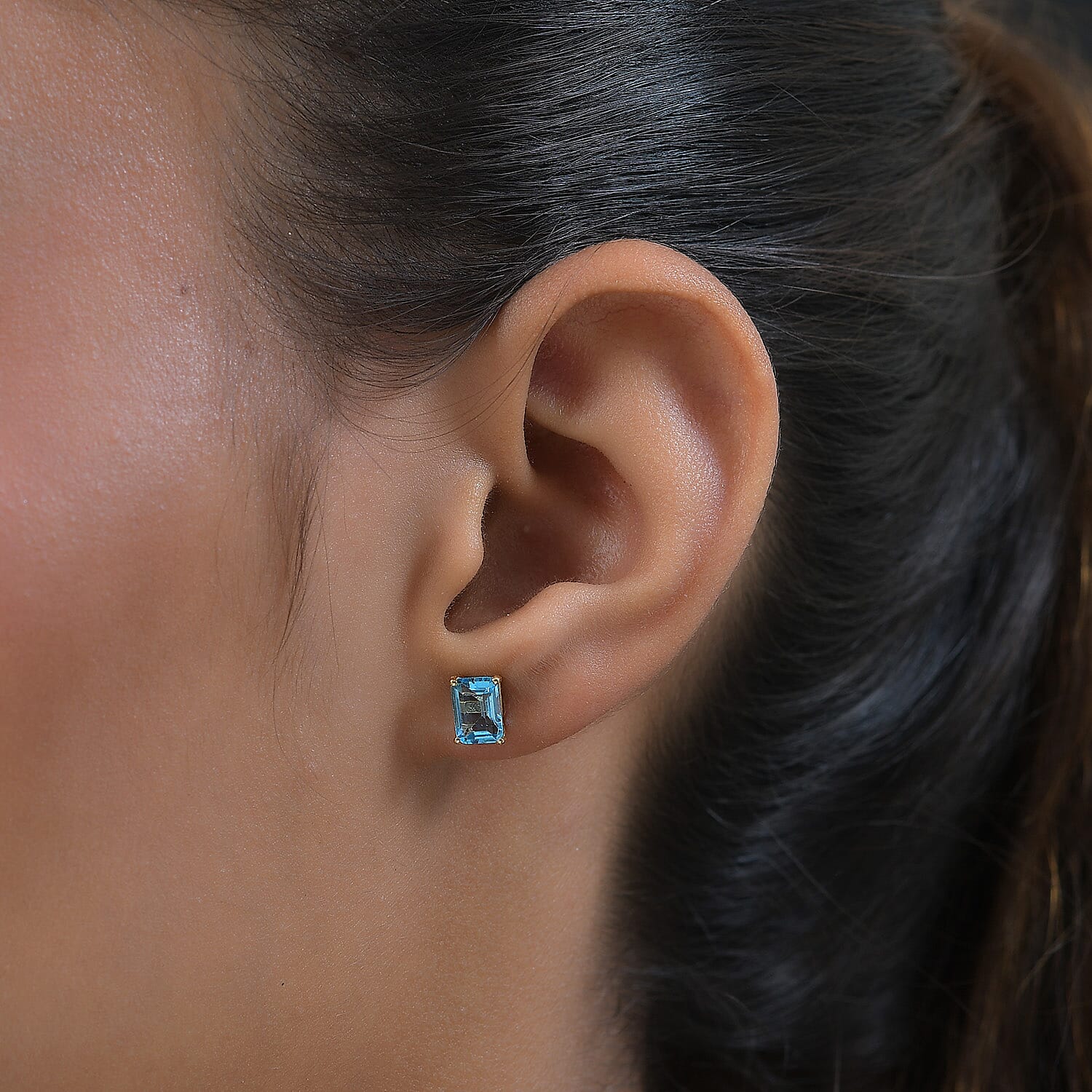 Blue Topaz Stud Solitaire Earrings in 18K Yellow Gold Vermeil Plated Sterling Silver 2.43 Ct.