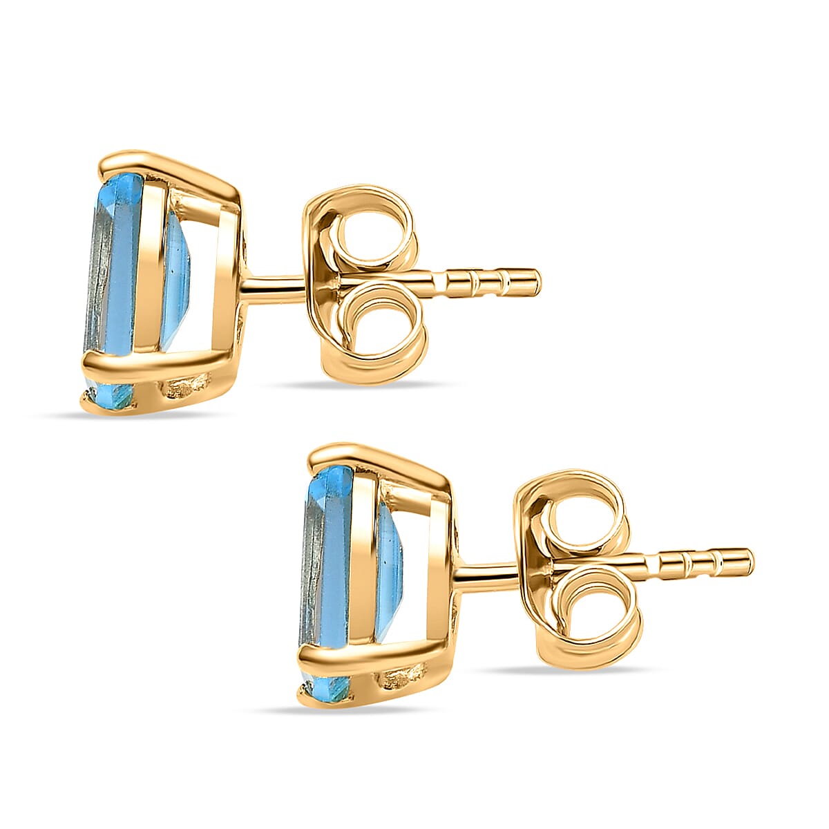 Blue Topaz Stud Solitaire Earrings in 18K Yellow Gold Vermeil Plated Sterling Silver 2.43 Ct.