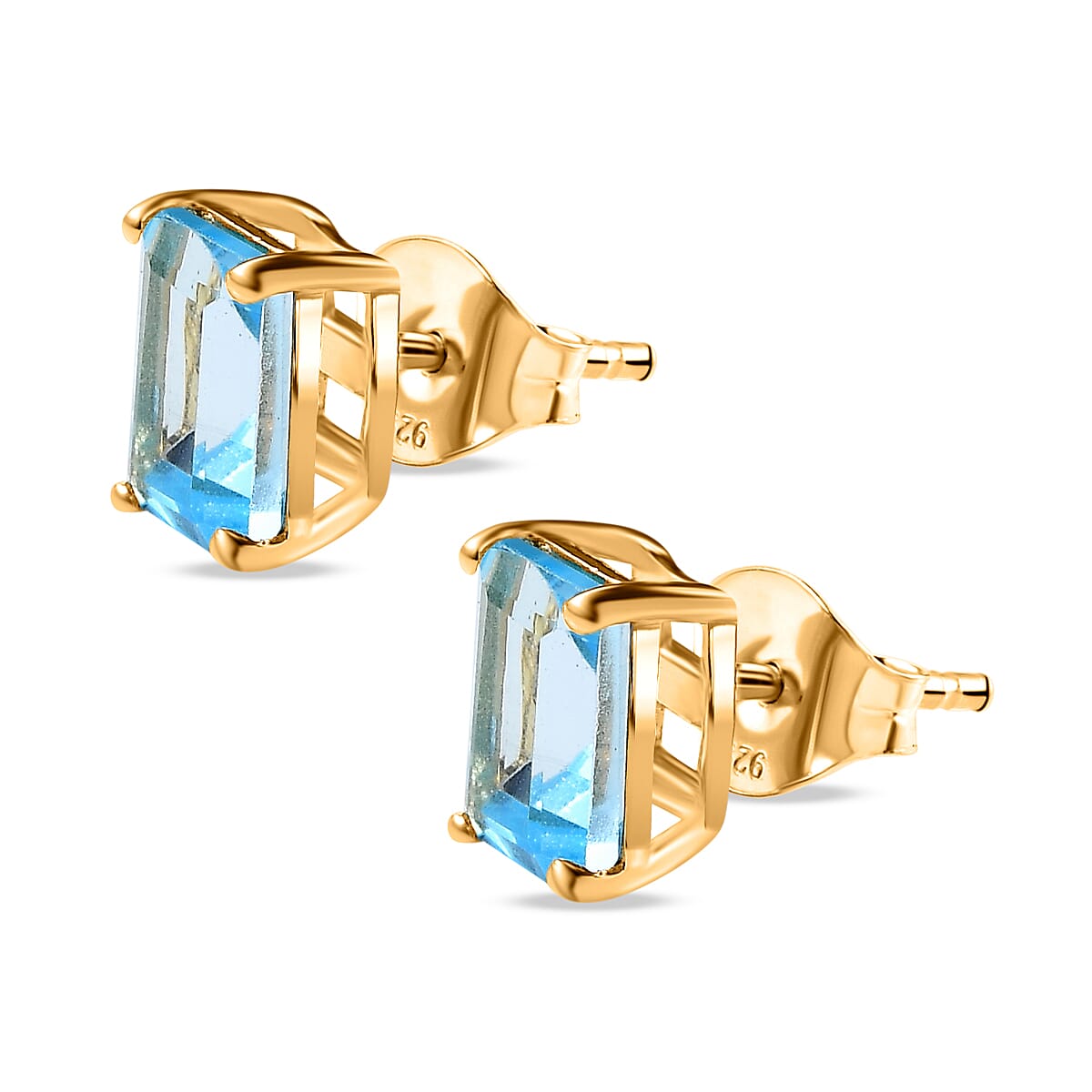 Blue Topaz Stud Solitaire Earrings in 18K Yellow Gold Vermeil Plated Sterling Silver 2.43 Ct.
