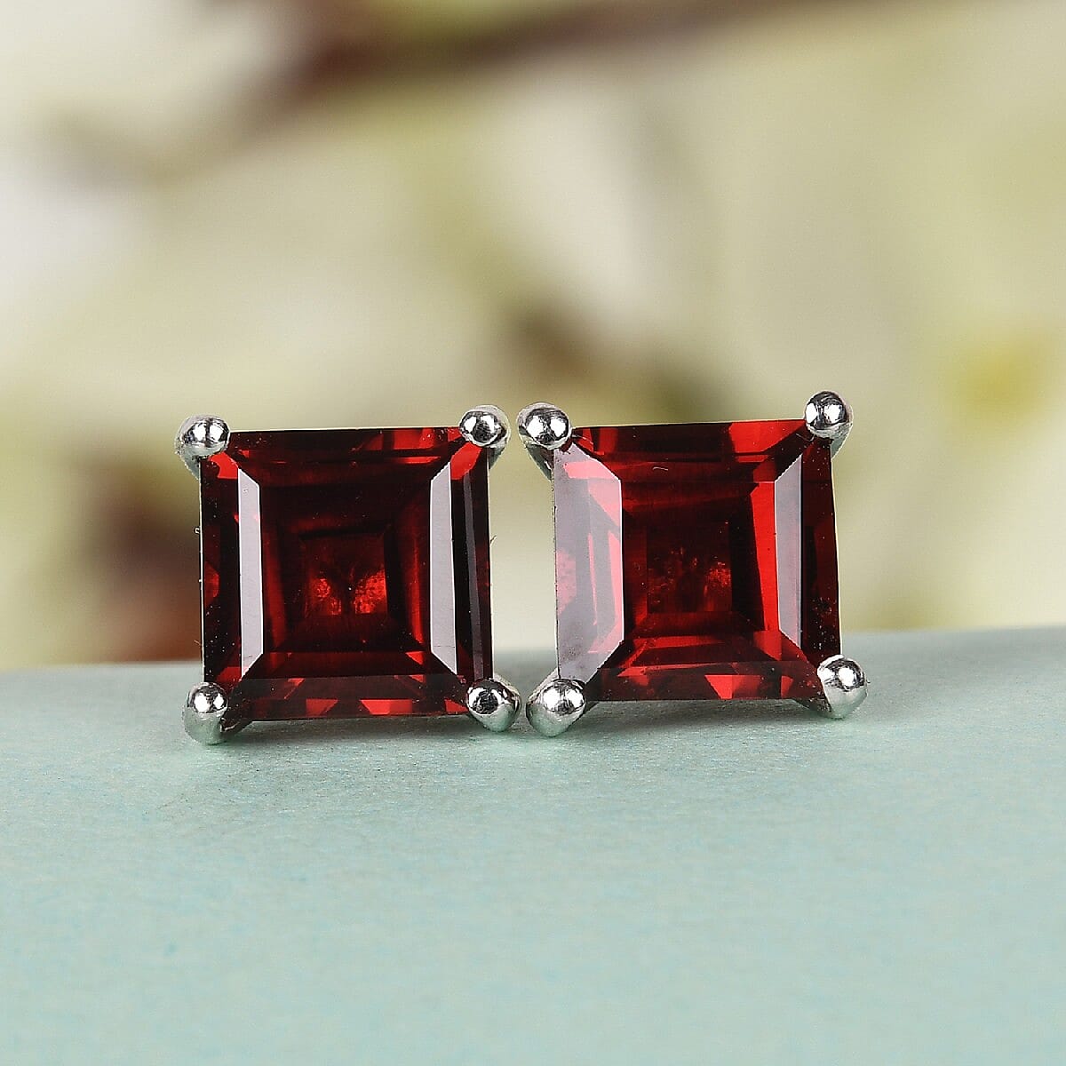 Mozambique Garnet Stud Earrings in Platinum Overlay Sterling Silver 2.69 Ct.