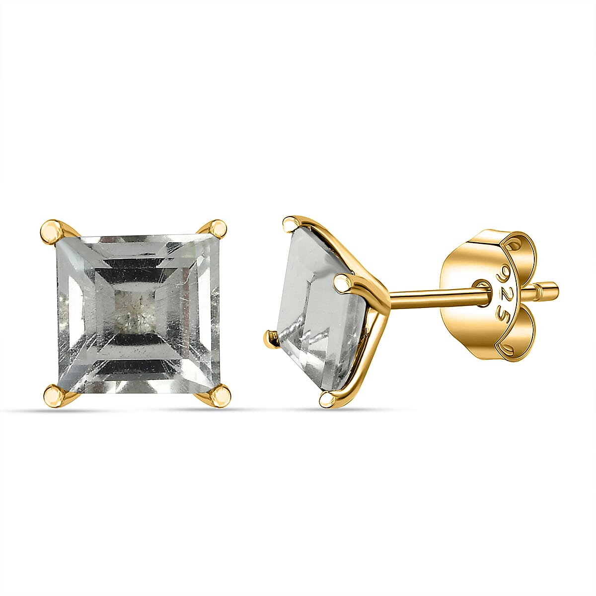 Prasiolite Stud Push Post Earrings in 18K Vermeil Yellow Gold Plated Sterling Silver 2.13 Ct.