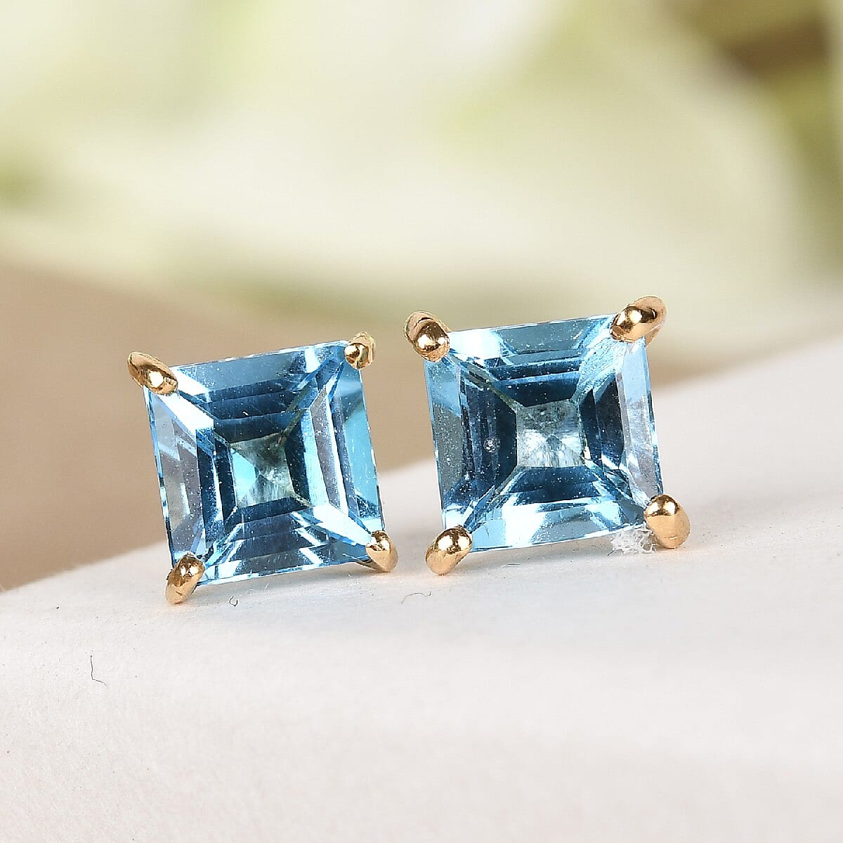 Blue Topaz Stud Earrings (with Push Back) in 14K Gold Overlay Sterling Silver 2.380 Ct.