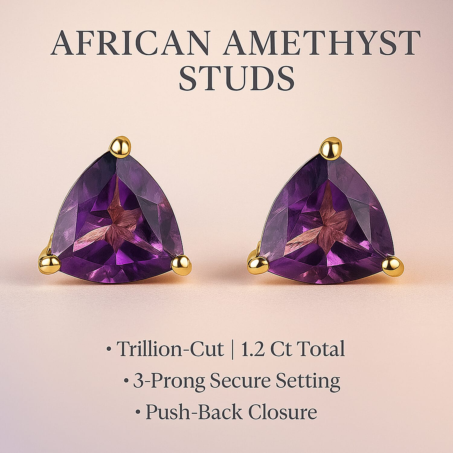 Amethyst Stud Push Back Earrings in 18K Vermeil Yellow Gold Plated Sterling Silver 1.35 Ct.