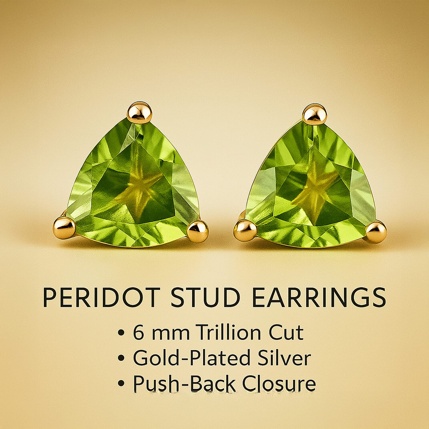 Hebei Peridot Stud Earrings with Push Back in 18K Vermeil Yellow Gold Plated Sterling Silver 1.50 Ct.