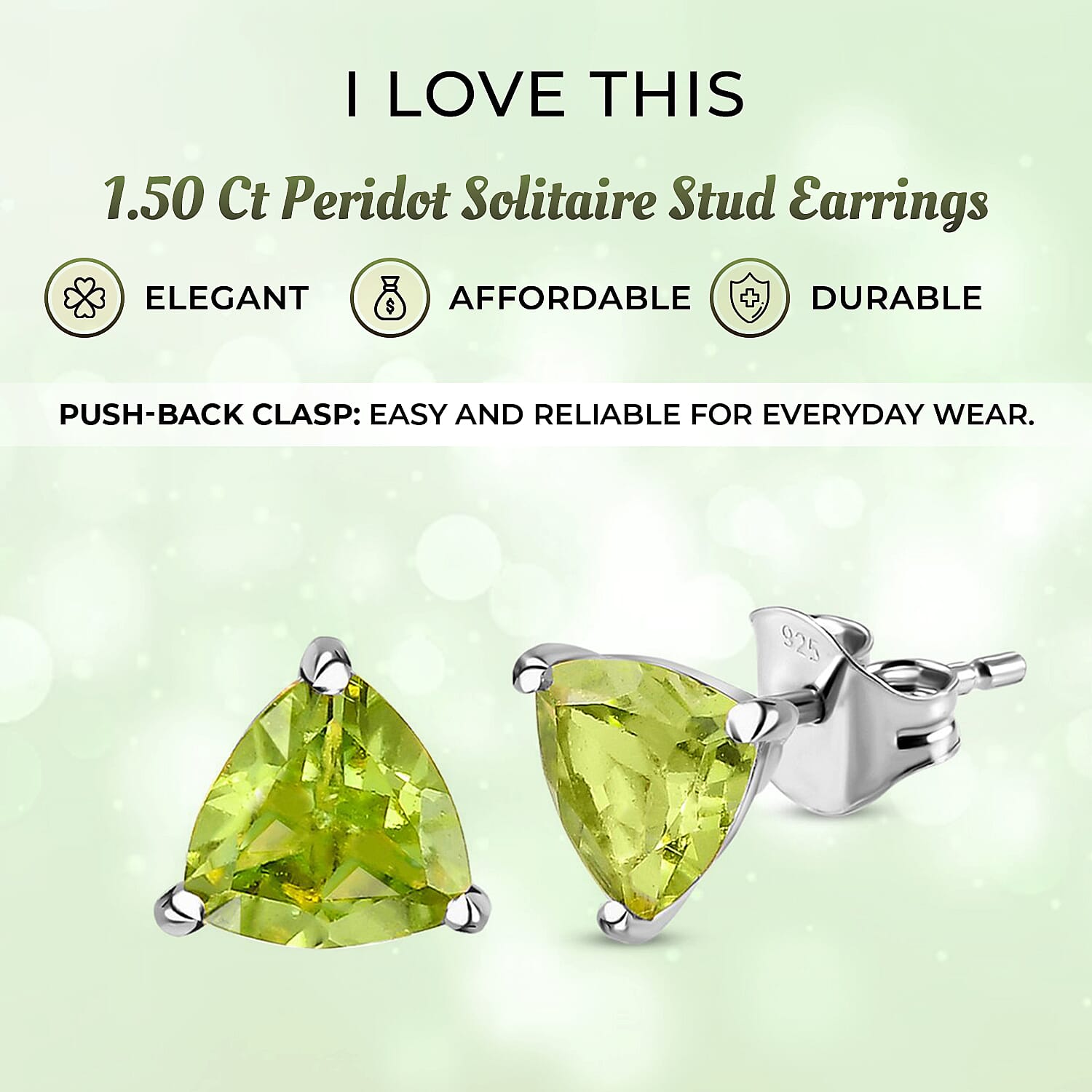 Hebei Peridot Stud Push Back Earrings in Platinum Overlay Sterling Silver 1.64 Ct.