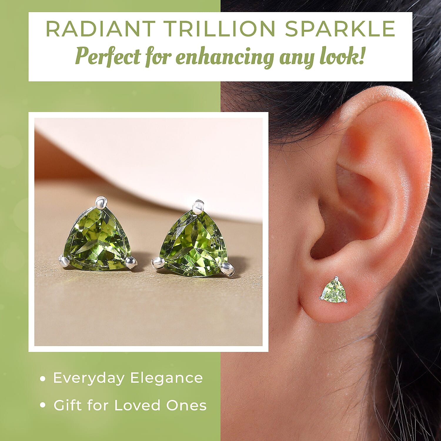 Hebei Peridot Stud Push Back Earrings in Platinum Overlay Sterling Silver 1.64 Ct.