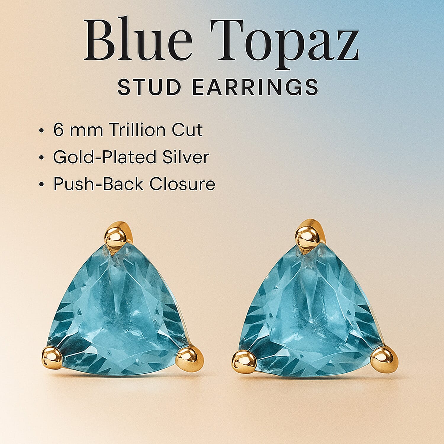 Blue Topaz Solitaire Stud Earrings With Push Back in 18K Vermeil Yellow Gold Plated Sterling Silver 1.49 Ct.