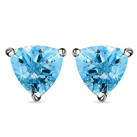 Blue Topaz Stud Solitaire Earrings with Push Back in Platinum Overlay Sterling Silver 1.76 Ct.