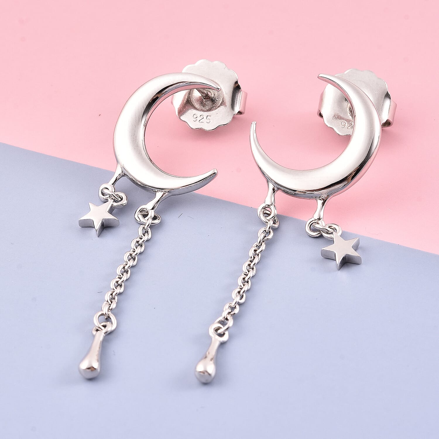 LucyQ Crescent Collection - Rhodium Overlay Sterling Silver Crescent Moon Drop Earrings ( with Push Back )