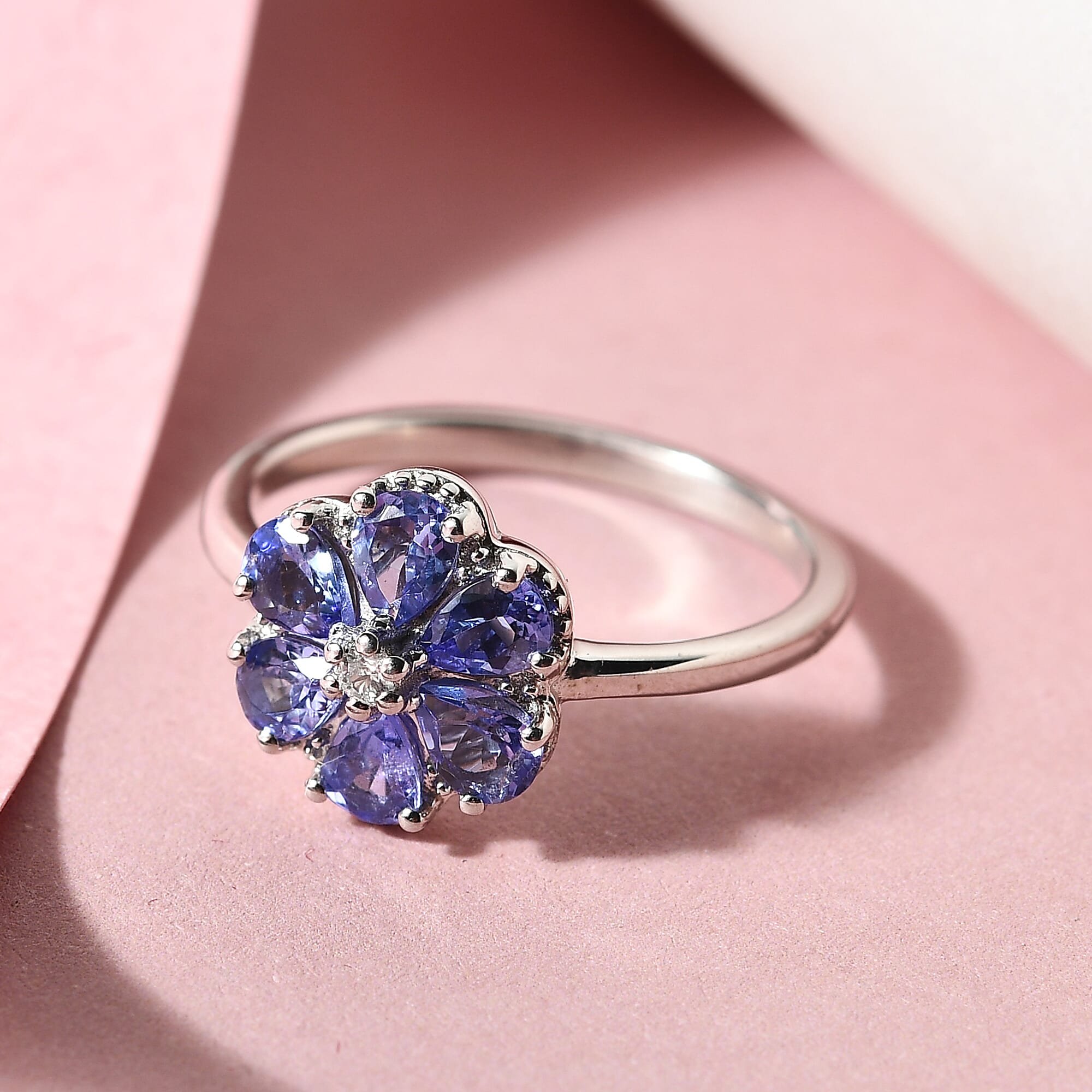 Tanzanite and Natural Cambodian Zircon Floral Ring in Platinum Overlay Sterling Silver
