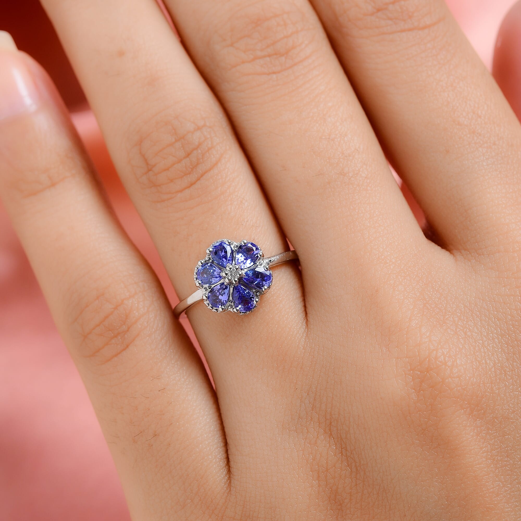 Tanzanite and Natural Cambodian Zircon Floral Ring in Platinum Overlay Sterling Silver