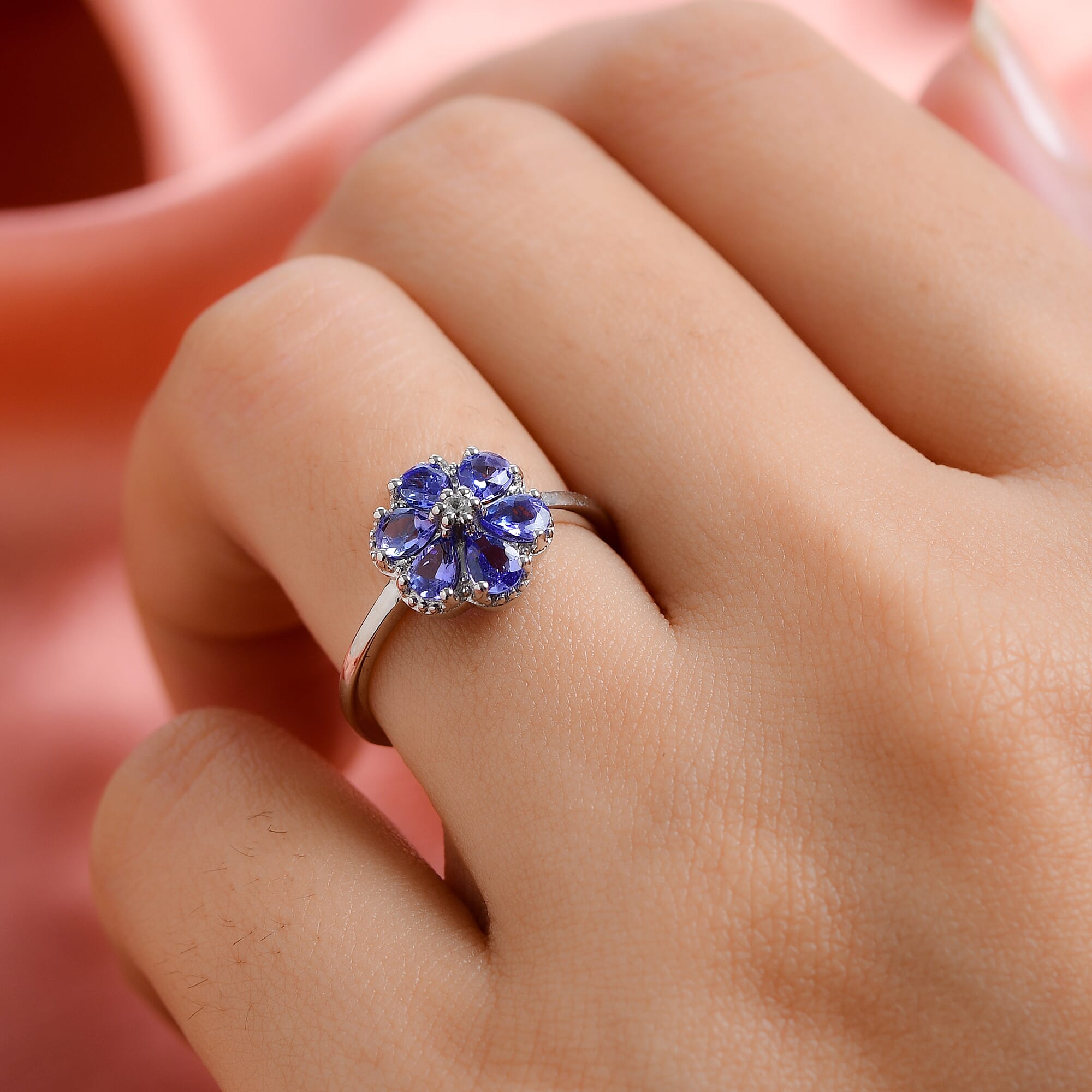 Tanzanite and Natural Cambodian Zircon Floral Ring in Platinum Overlay Sterling Silver