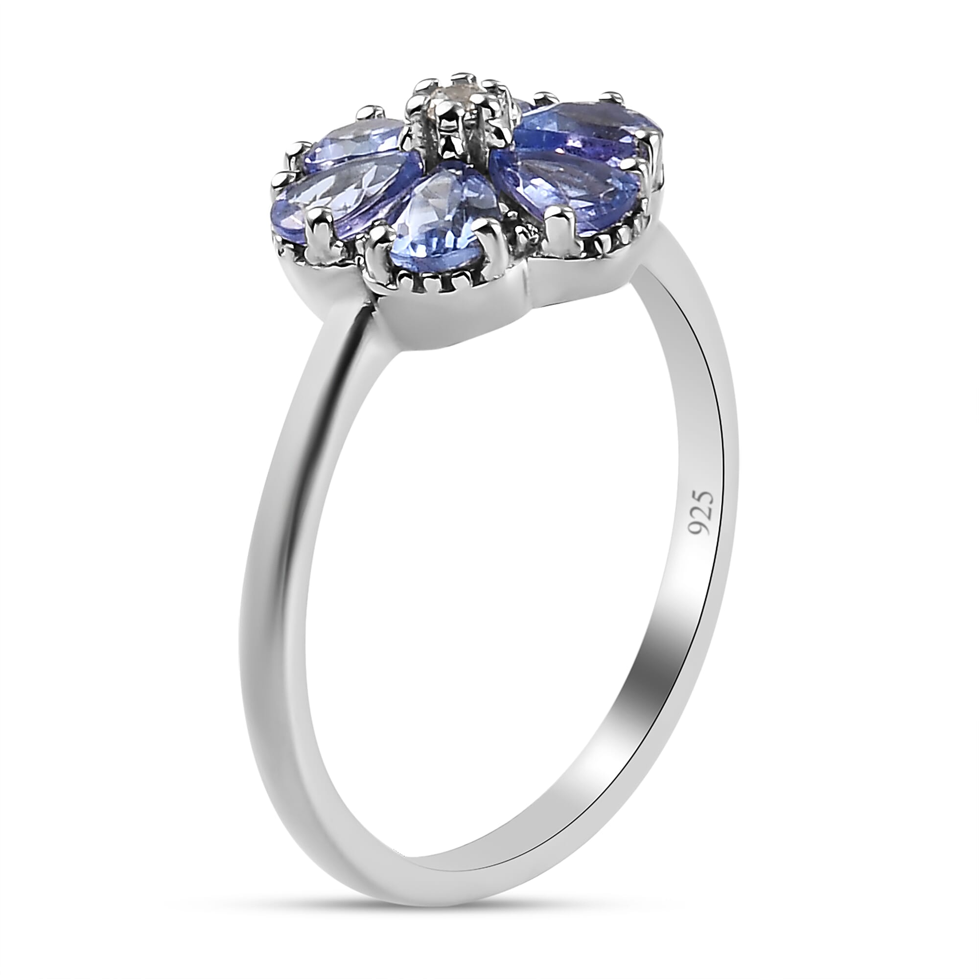 Tanzanite and Natural Cambodian Zircon Floral Ring in Platinum Overlay Sterling Silver