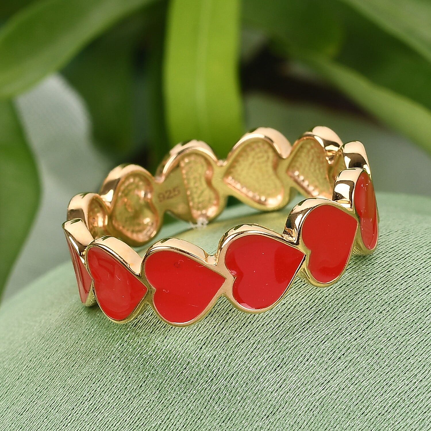 14K Gold Overlay Sterling Silver Enamelled Hearts Band Ring