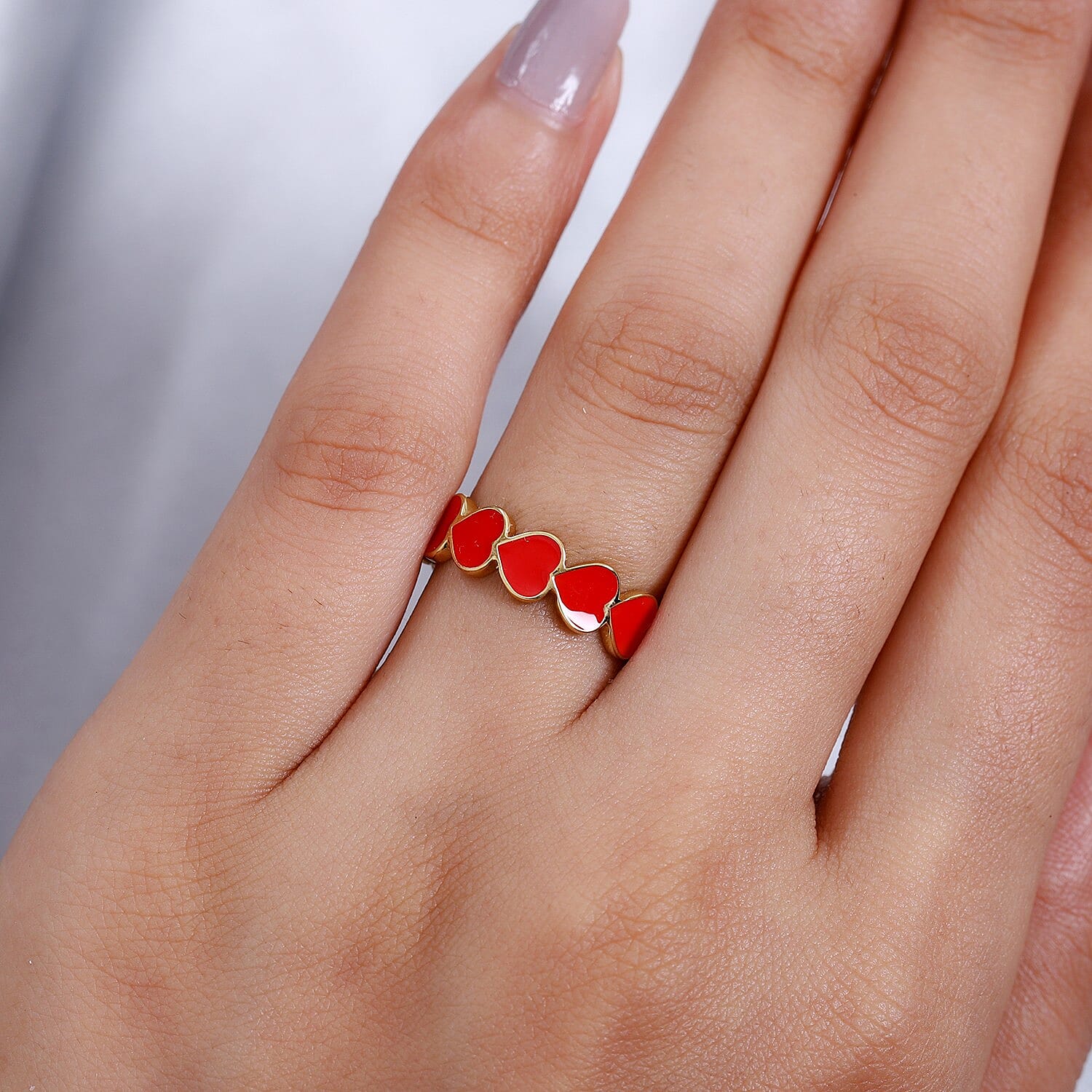 14K Gold Overlay Sterling Silver Enamelled Hearts Band Ring