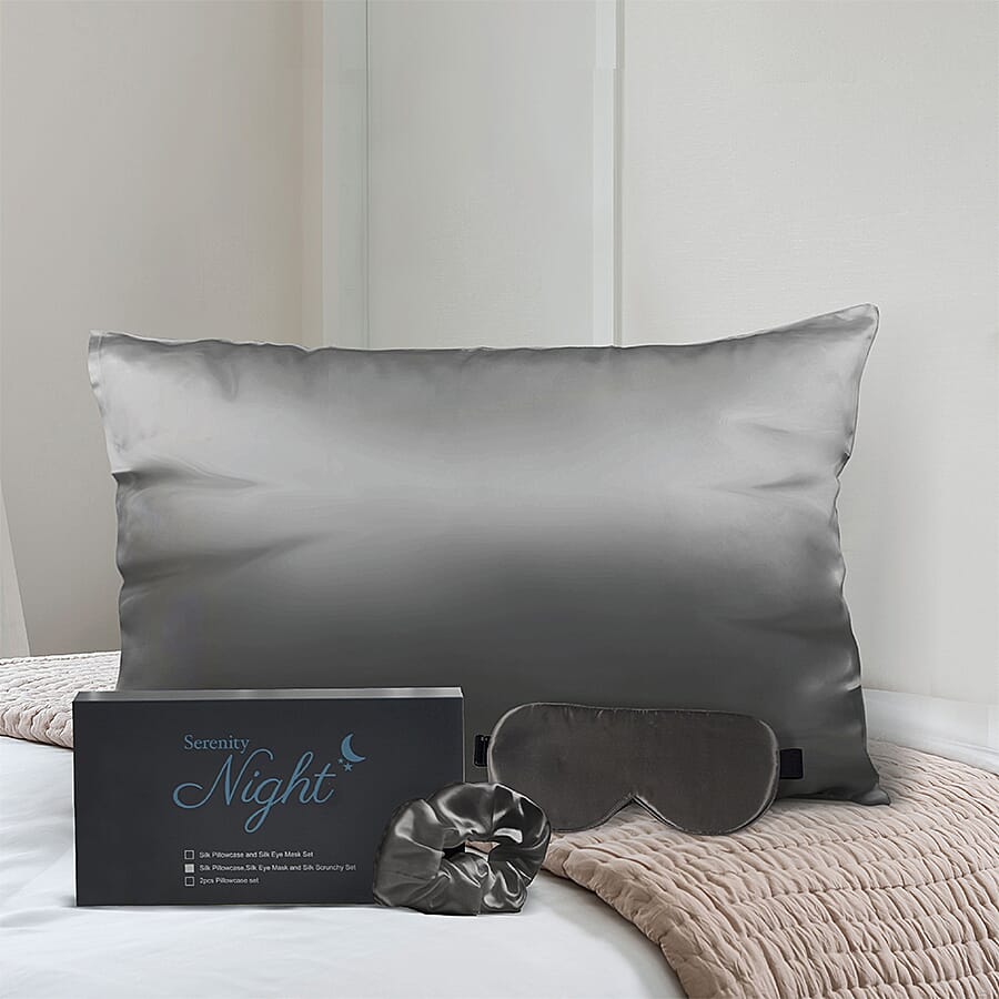 Mulberry Silk Front Side- Set of Pillowcase, Eye Mask, Scrunchie (Size 23.5x10.5cm) - Dark Grey