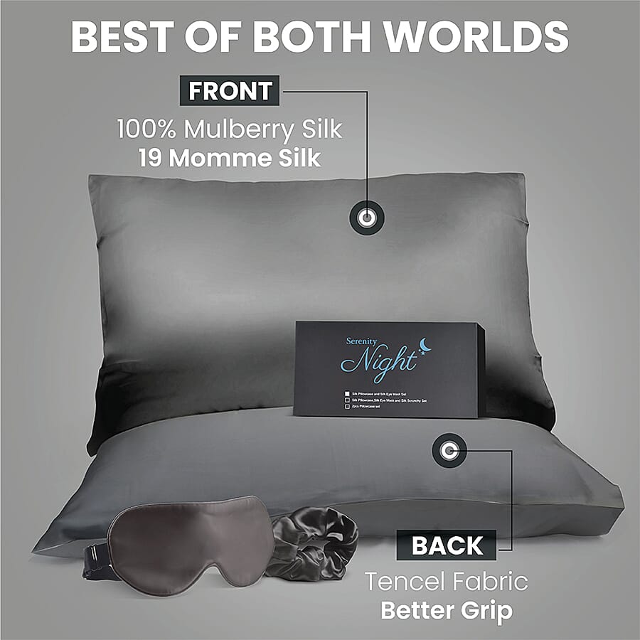 Mulberry Silk Front Side- Set of Pillowcase, Eye Mask, Scrunchie (Size 23.5x10.5cm) - Dark Grey
