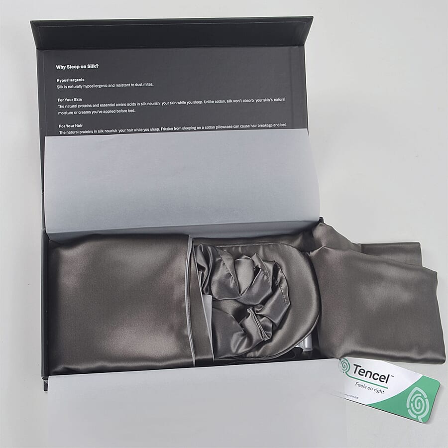 Mulberry Silk Front Side- Set of Pillowcase, Eye Mask, Scrunchie (Size 23.5x10.5cm) - Dark Grey