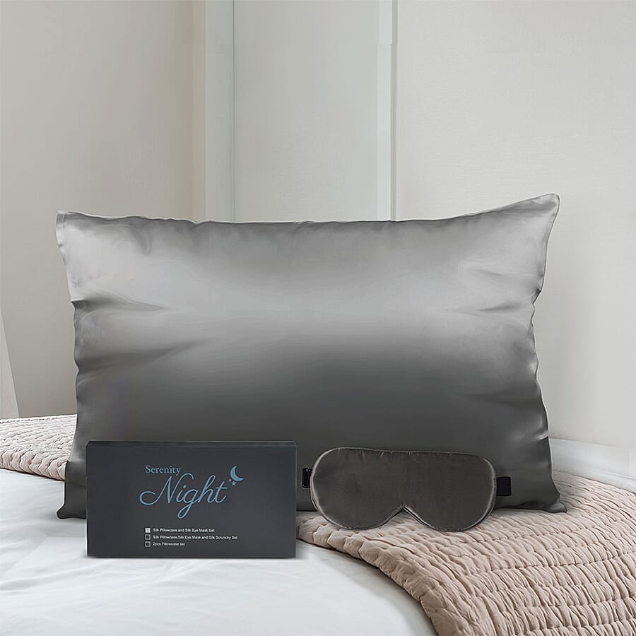 2 Piece Set - Mulberry Silk Pillowcase (50x75cm) and Eye Mask (23.5x10.5cm) - Dark Grey