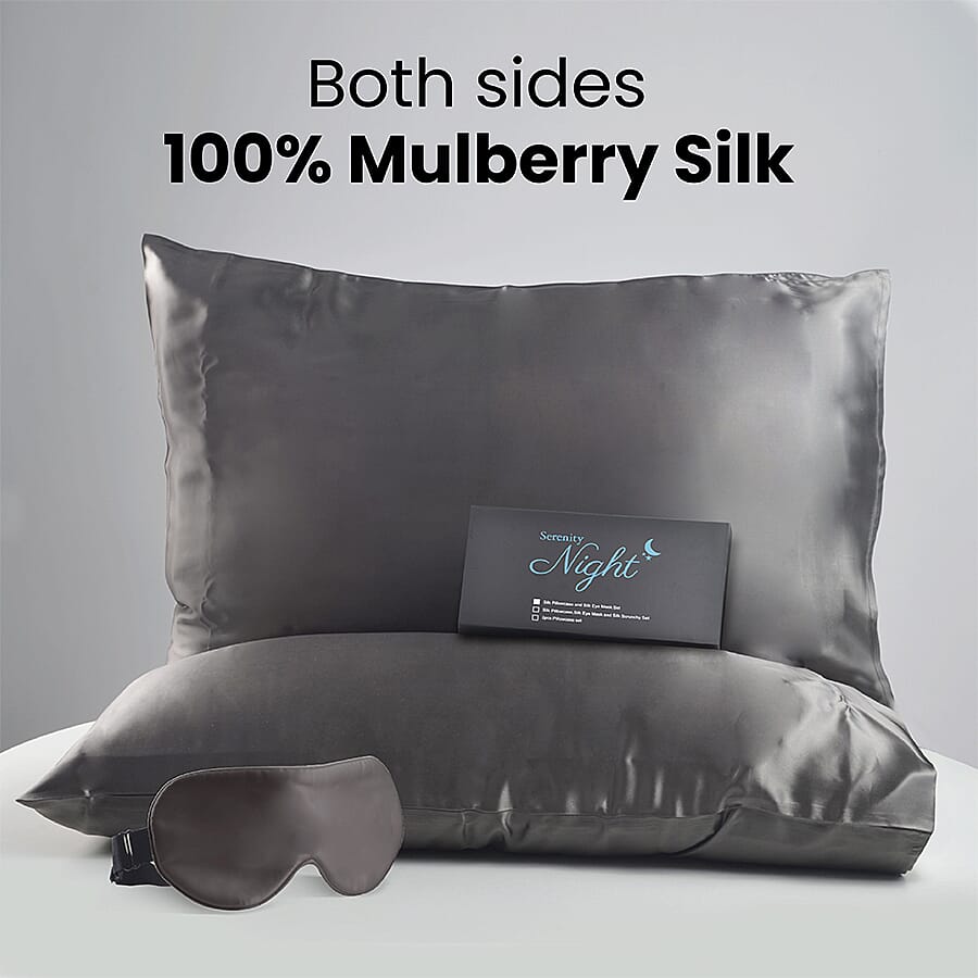2 Piece Set - Mulberry Silk Pillowcase (50x75cm) and Eye Mask (23.5x10.5cm) - Dark Grey