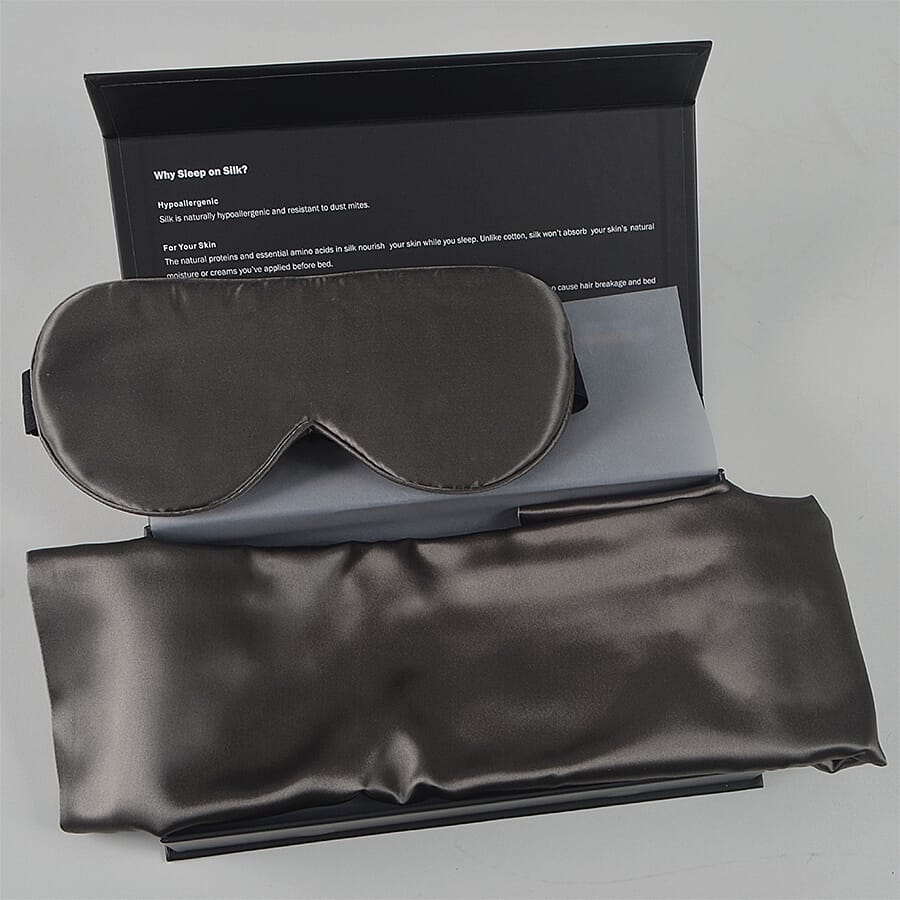 2 Piece Set - Mulberry Silk Pillowcase (50x75cm) and Eye Mask (23.5x10.5cm) - Dark Grey