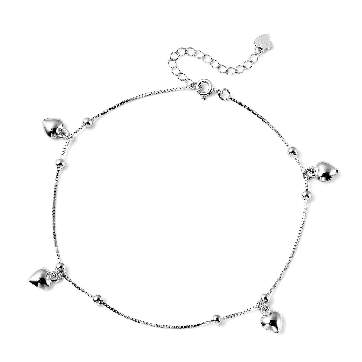 Rhodium Overlay Sterling Silver Heart Charm Anklet (Size 9 with 1.5 inch Extender) with Spring Ring Clasp