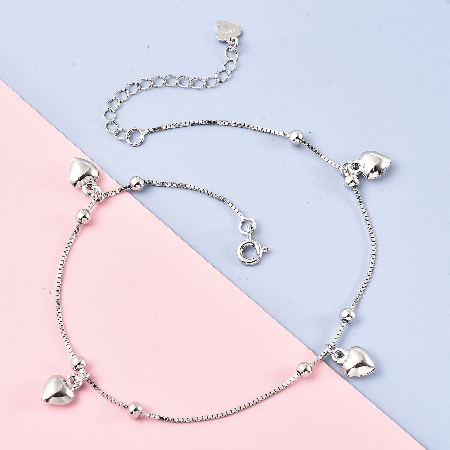 Rhodium Overlay Sterling Silver Heart Charm Anklet (Size 9 with 1.5 inch Extender) with Spring Ring Clasp