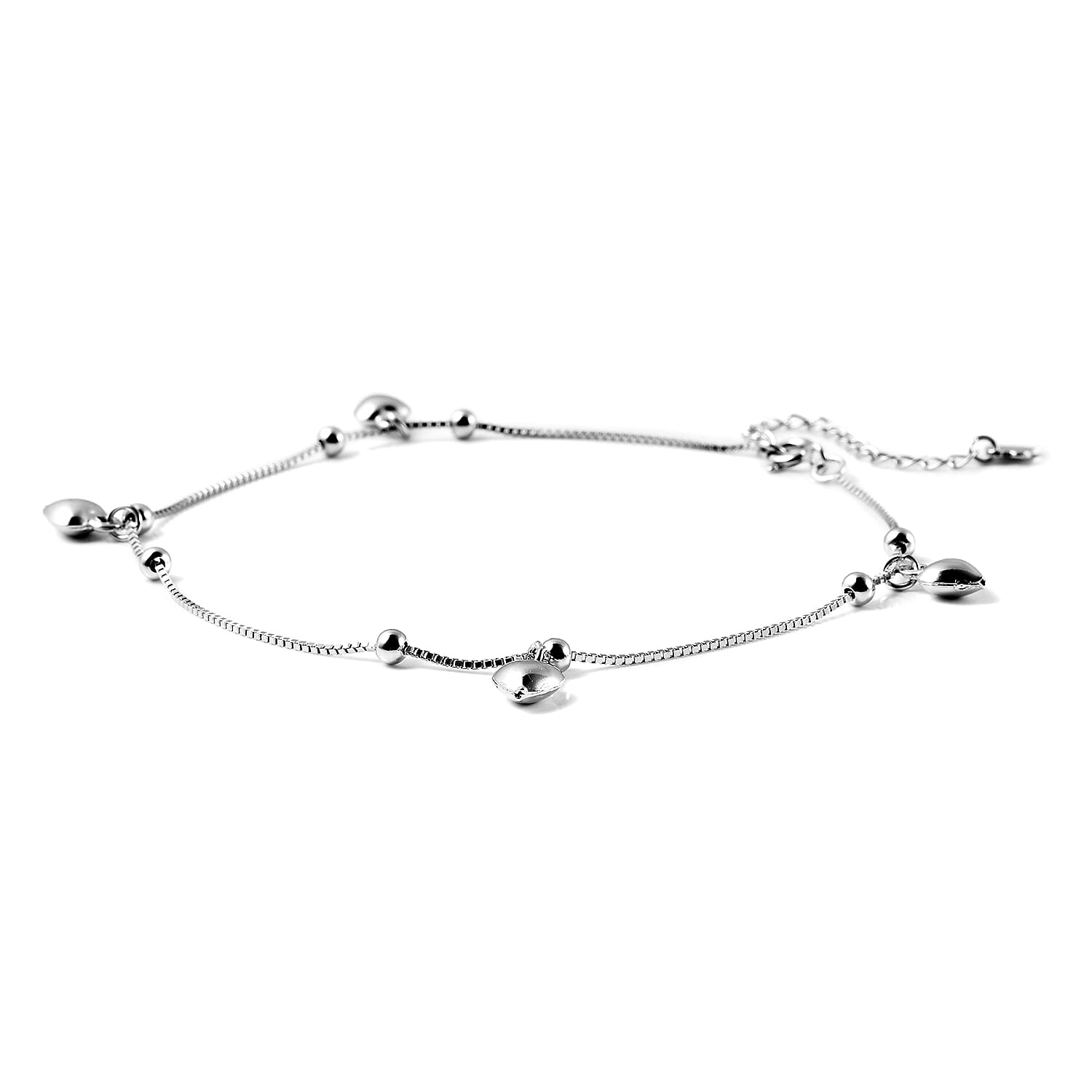 Rhodium Overlay Sterling Silver Heart Charm Anklet (Size 9 with 1.5 inch Extender) with Spring Ring Clasp