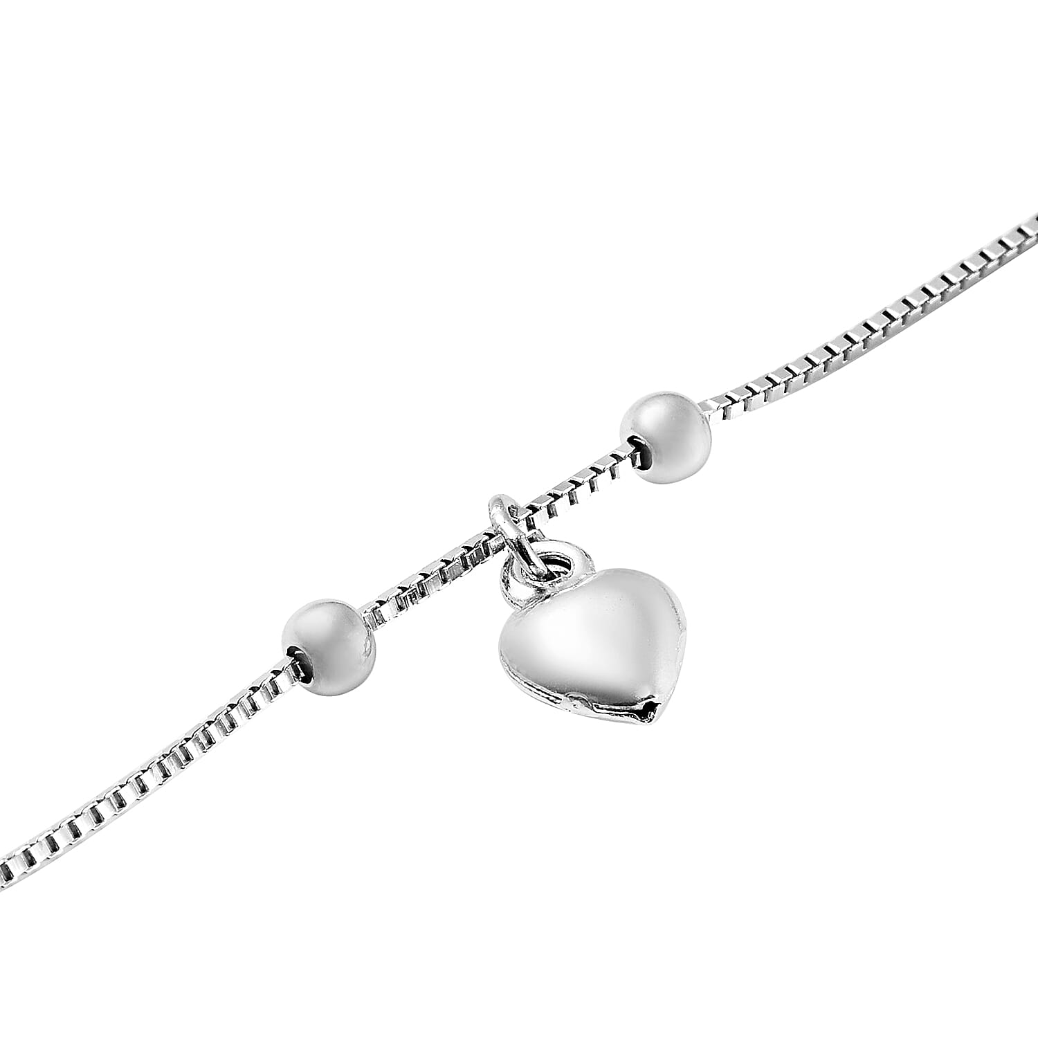 Rhodium Overlay Sterling Silver Heart Charm Anklet (Size 9 with 1.5 inch Extender) with Spring Ring Clasp