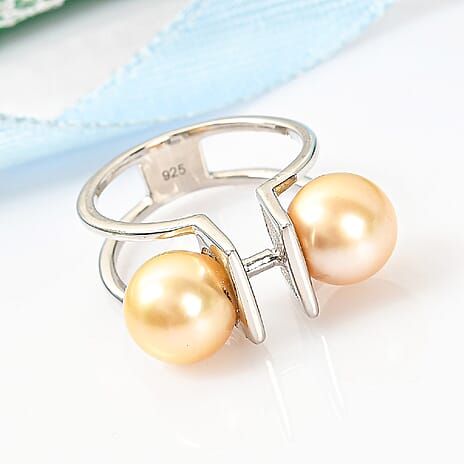 Golden South Sea Pearl Ring in Platinum Overlay Sterling Silver