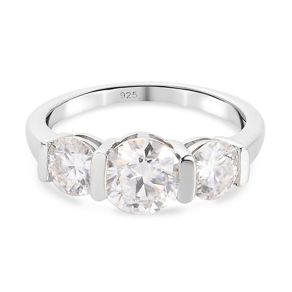 Moissanite 3 Stone Ring in Platinum Overlay Sterling Silver 1.82 Ct.