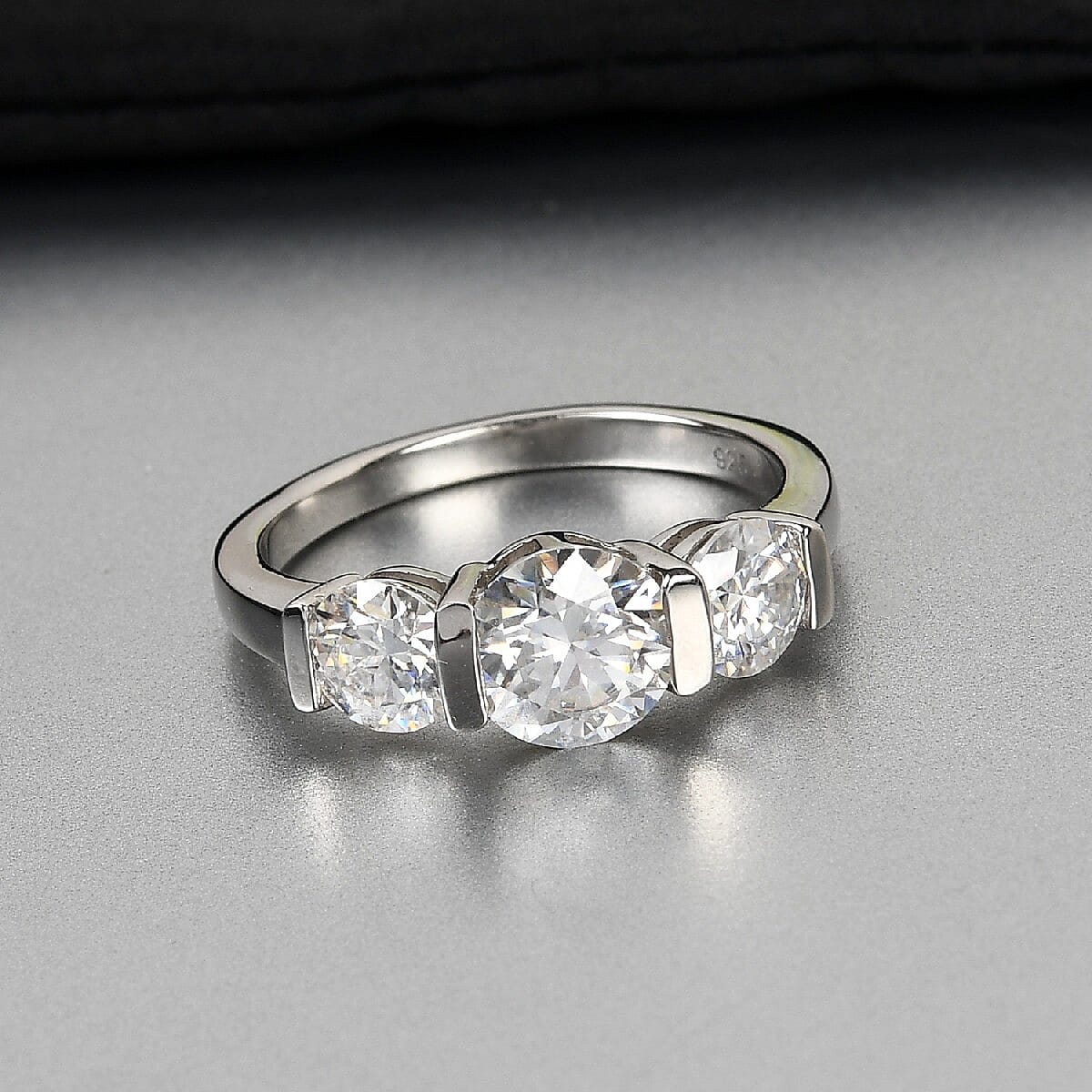 Moissanite 3 Stone Ring in Platinum Overlay Sterling Silver 1.82 Ct.