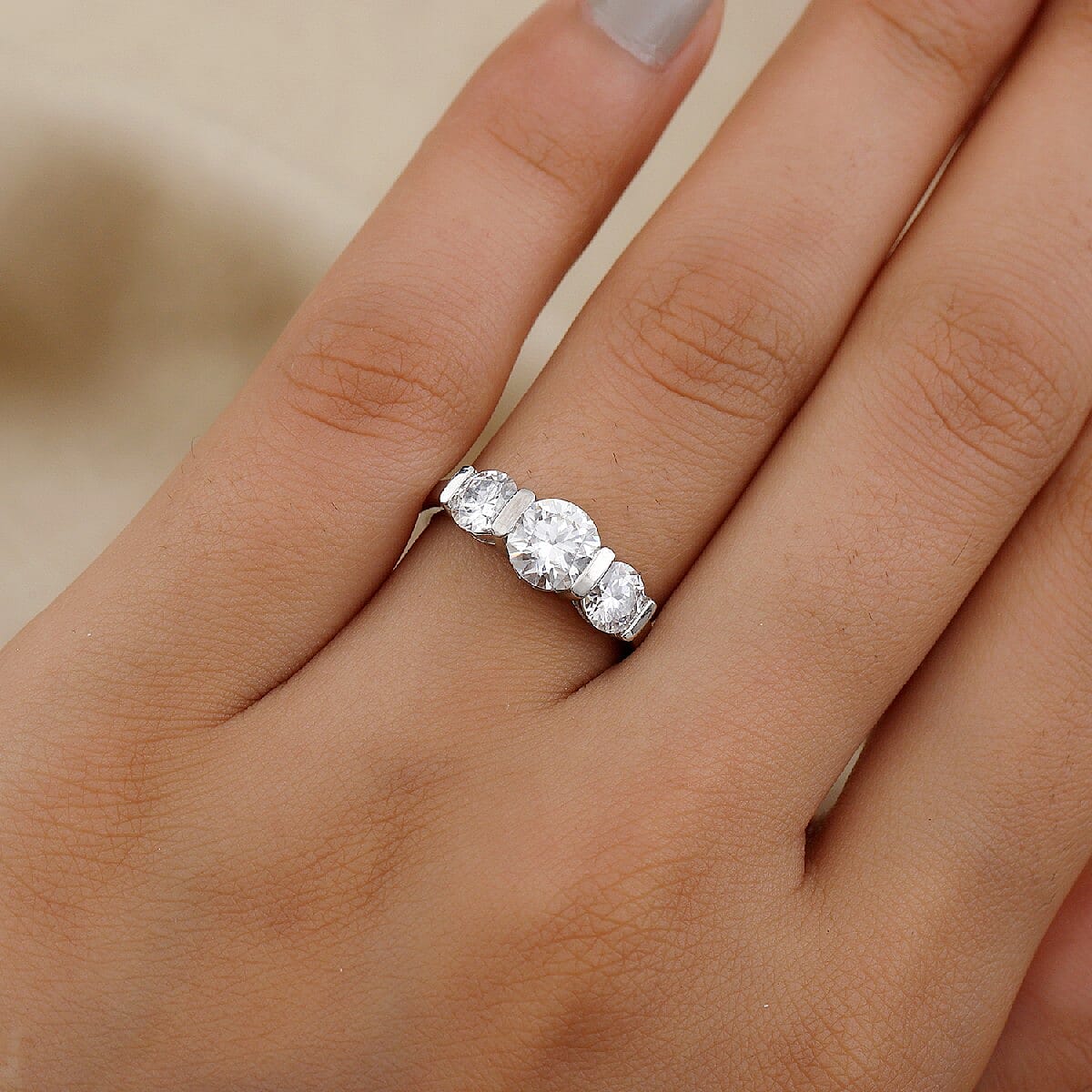 Moissanite 3 Stone Ring in Platinum Overlay Sterling Silver 1.82 Ct.