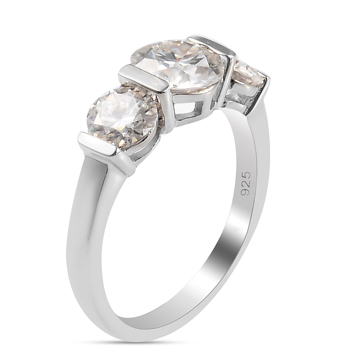 Moissanite 3 Stone Ring in Platinum Overlay Sterling Silver 1.82 Ct.