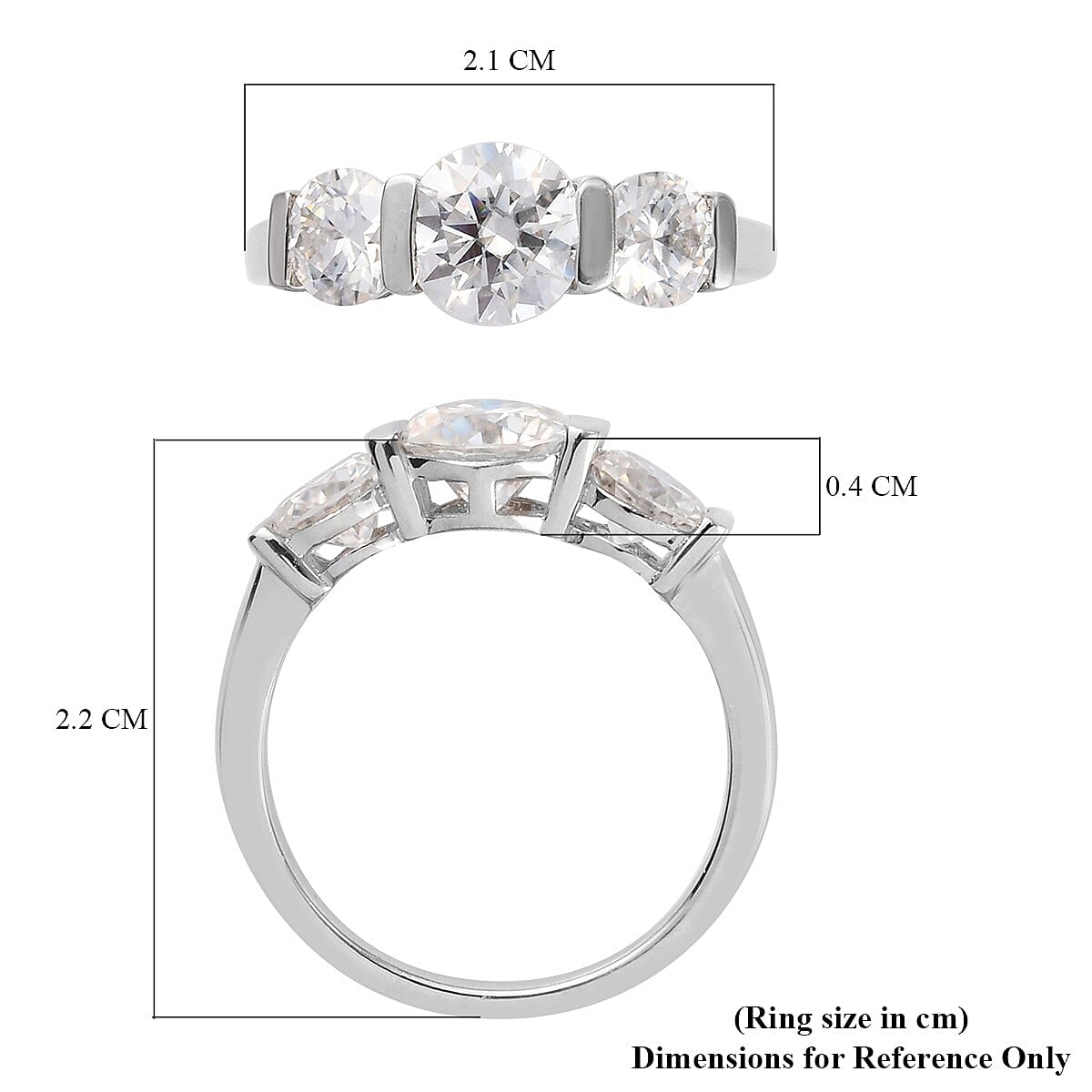 Moissanite 3 Stone Ring in Platinum Overlay Sterling Silver 1.82 Ct.