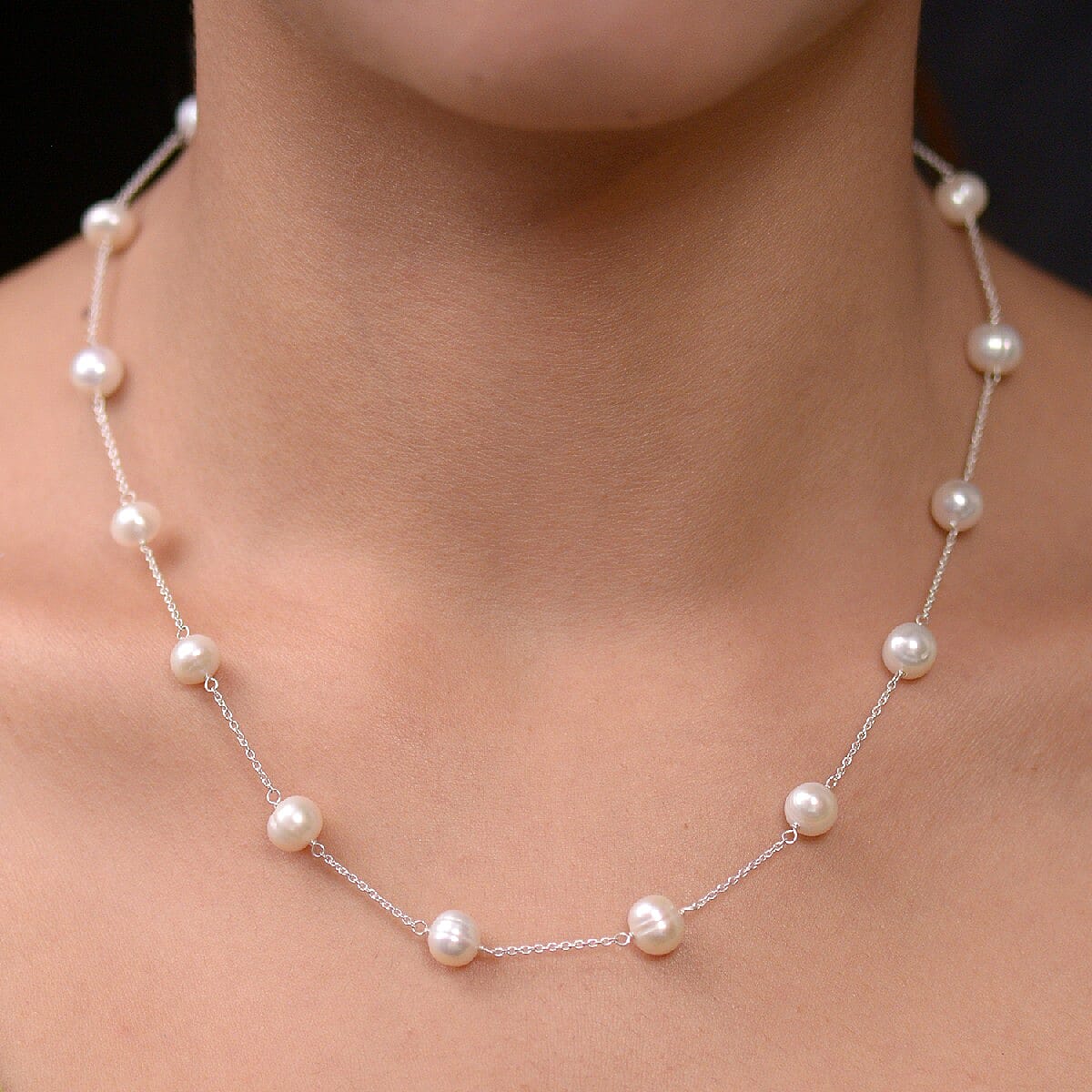 One Time Deal- Freshwater Pearl Station Necklace (Size 18) in Sterling Silver