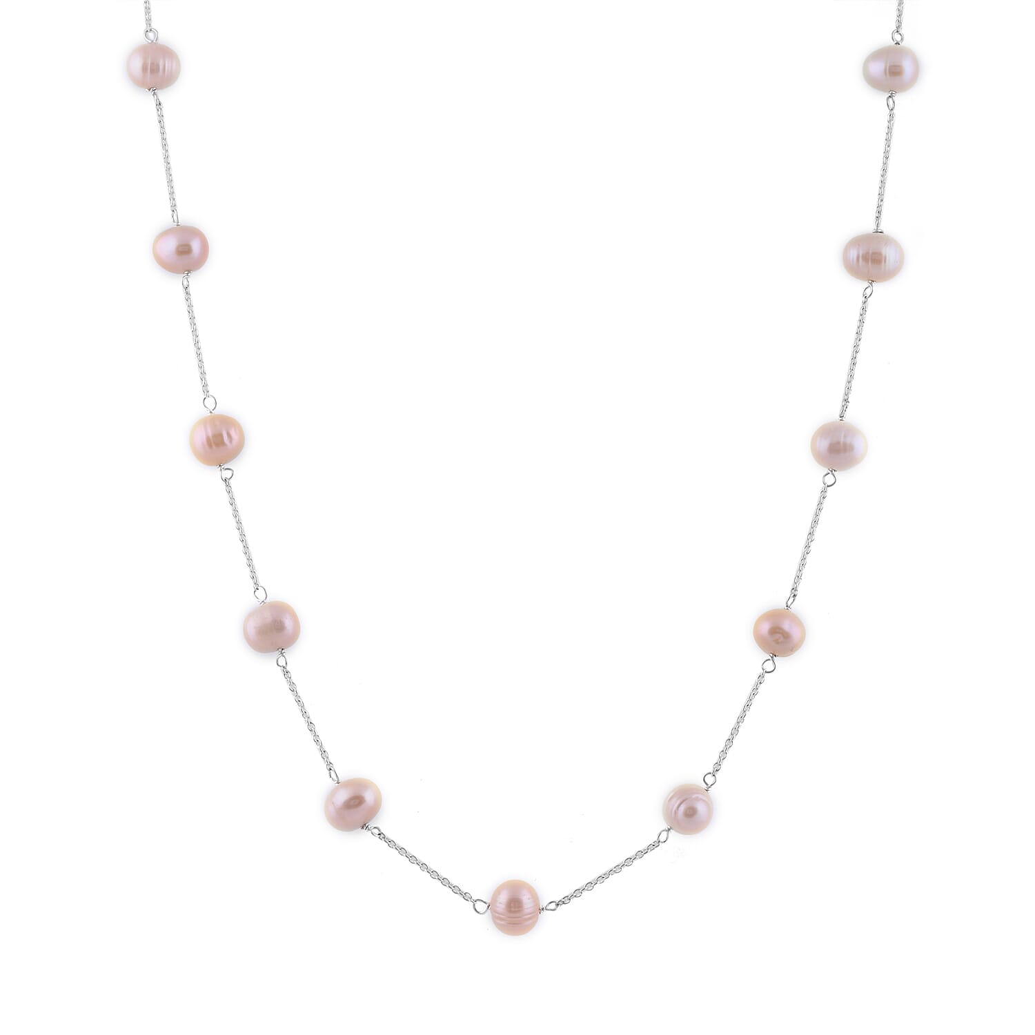 One Time Deal- Peach Fresh Water Pearl Station Necklace (Size 18) in Sterling Silver