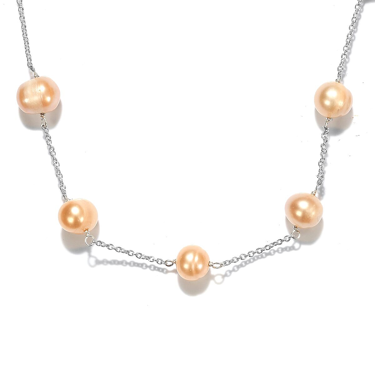 One Time Deal- Peach Fresh Water Pearl Station Necklace (Size 18) in Sterling Silver
